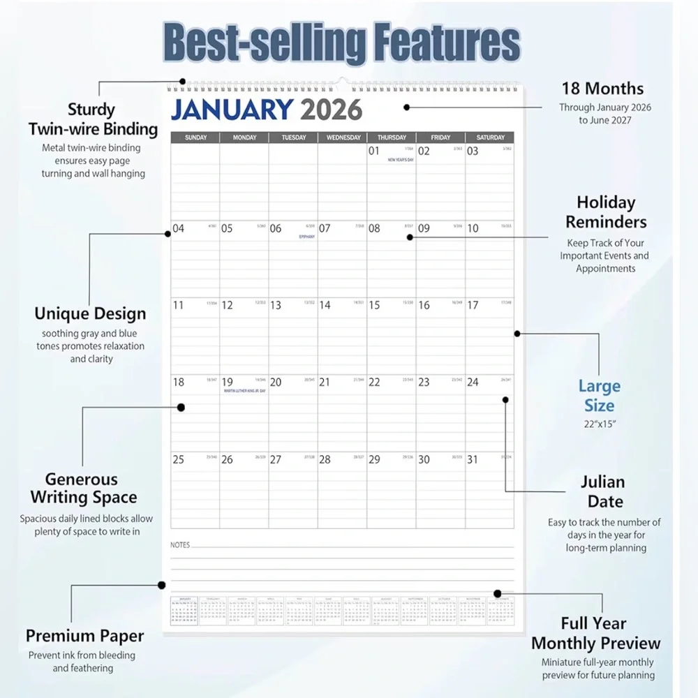 Large Wall Calendar Jan 2026 - June 2027